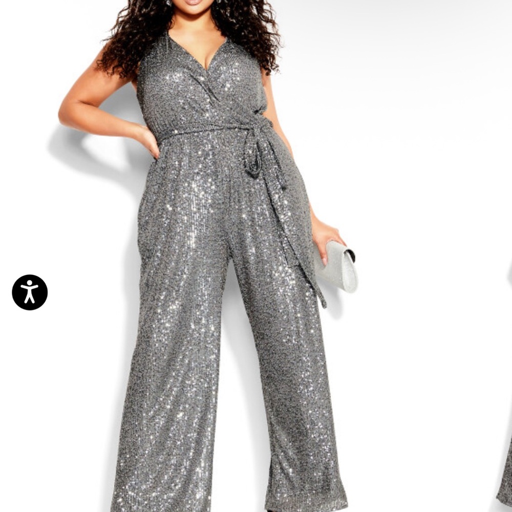 City Chic Silver Sequin Wrap Jumpsuit